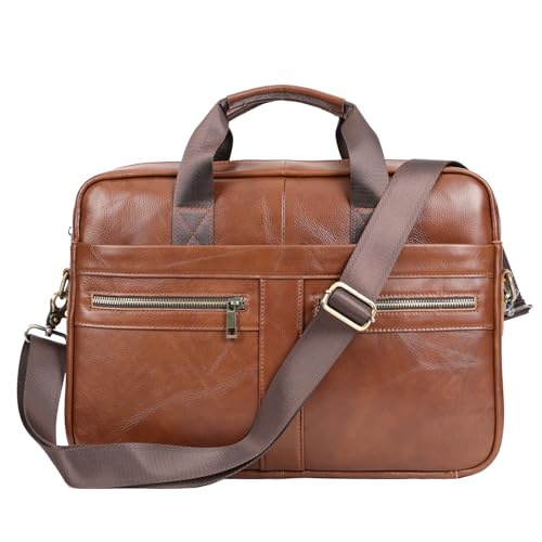 Hebetag Leather Laptop Bag Business Briefcase Handbag for Men Travel Outdoor for 14 Inch Computer Messenger Shoulder Tote Handle Pouch Pack Brown - Image 2