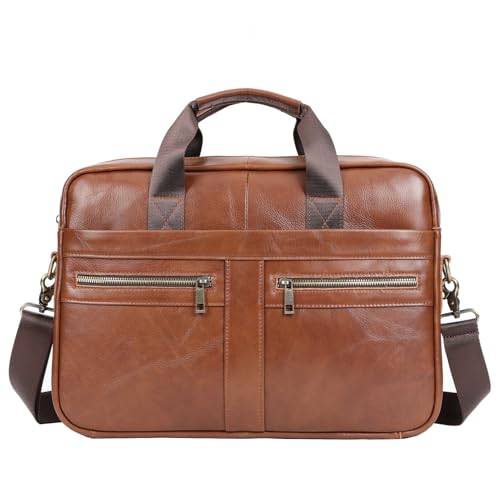 Hebetag Leather Laptop Bag Business Briefcase Handbag for Men Travel Outdoor for 14 Inch Computer Messenger Shoulder Tote Handle Pouch Pack Brown - Image 1