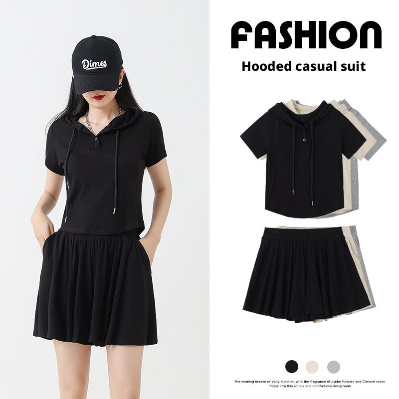 High-End Drawstring Hooded Short Sleeve Tracksuit Set for Women Summer Korean Style - Image 2
