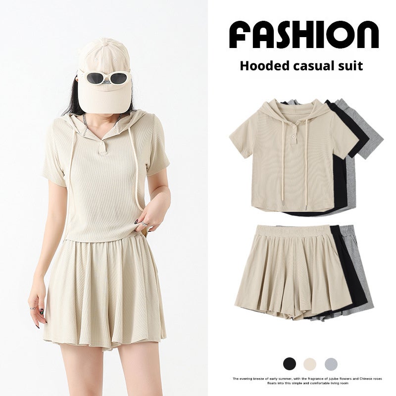 High-End Drawstring Hooded Short Sleeve Tracksuit Set for Women Summer Korean Style - Image 1