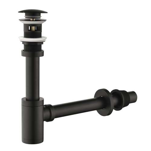 GORDEE Bathroom Sink Stopper P-Trap Complete Set Adjustable Bottle Trap Solid Brass Sink Drain Kit Tube and Pop Up Drain Stopper Set with Overflow, Matte Black - Image 1