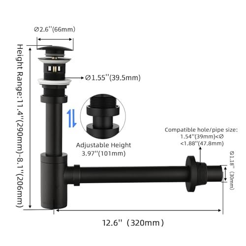 GORDEE Bathroom Sink Stopper P-Trap Complete Set Adjustable Bottle Trap Solid Brass Sink Drain Kit Tube and Pop Up Drain Stopper Set with Overflow, Matte Black - Image 3
