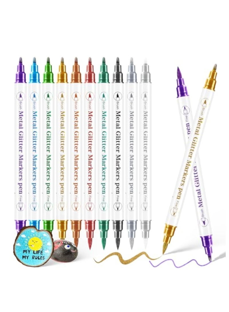 Barakah 10 Pcs Metallic Markers Pens, Waterproof Nail Art Pen, Drawing Markers, Dual Tip Metallic Pens, Coloring Marker for Rock Painting,Tattoo painting, Ceramic, Card Making, Scrapbooking Crafts, DIY Crafts - Image 1