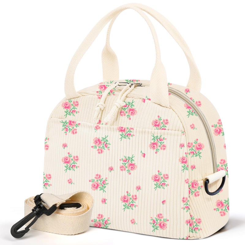 WOBAGMEN Lunch Box for WomenCherry Lunch Bag Cute Corduroy Insulated Lunch Box With Shoulder Strap for Adult Womens for Work Picnic pink floral
