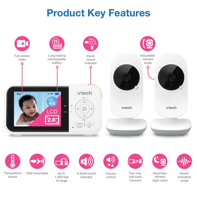 VTech VM819-2 Baby Monitor, 2.8â€ Screen, 2 Cameras, 1000ft Range, Night Vision, 2-Way Audio, Temperature Sensor, Lullabies, Secured Transmission No WiFi - Image 2
