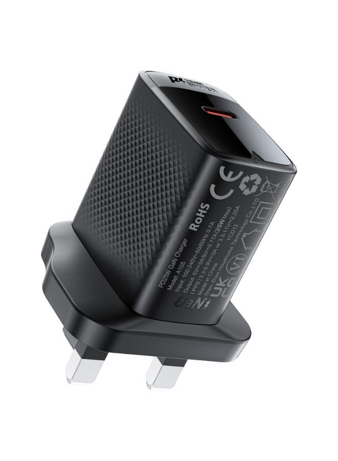 ACEFAST Fast Charge Wall Charger A105, GaN PD25W Maximum 0utput, Single USB-C Port, Special Shell Texture Design, UK plug - Black - Image 1