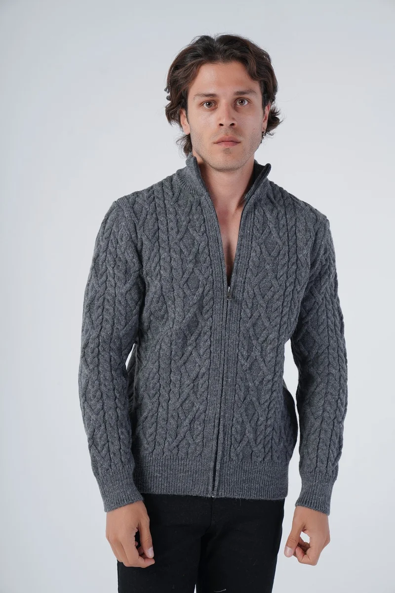 Trist Star Men's Anthracite Back Ribbed Stand Collar Zippered Knitted Wool Cardigan TRIST-5299