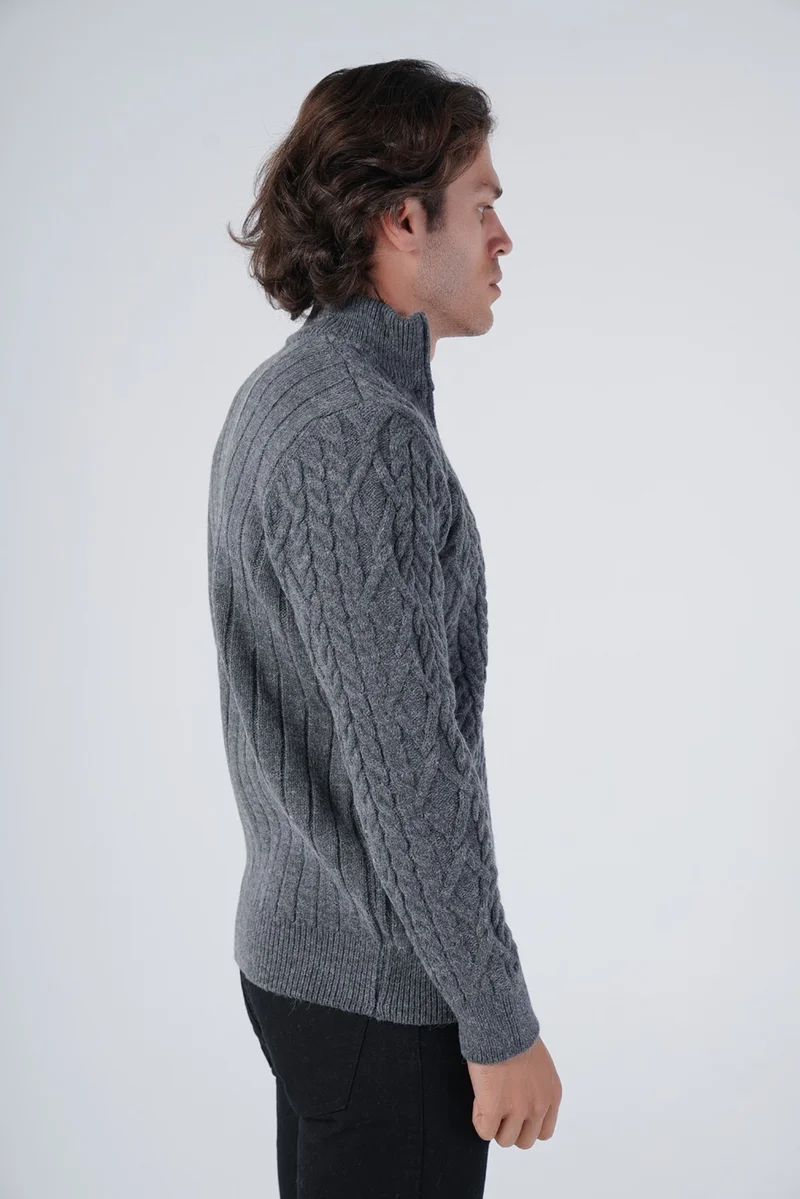 Trist Star Men's Anthracite Back Ribbed Stand Collar Zippered Knitted Wool Cardigan TRIST-5299