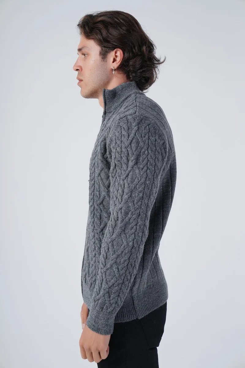 Trist Star Men's Anthracite Back Ribbed Stand Collar Zippered Knitted Wool Cardigan TRIST-5299