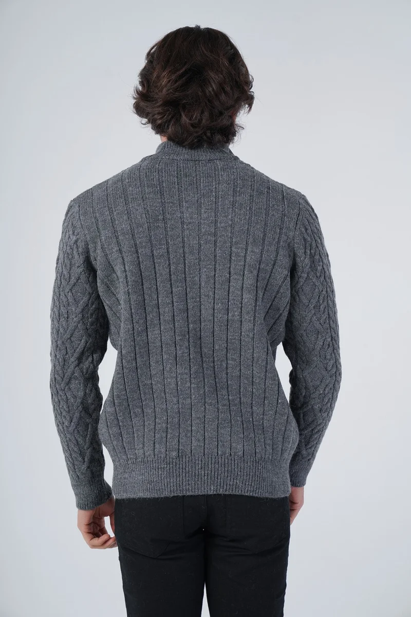 Trist Star Men's Anthracite Back Ribbed Stand Collar Zippered Knitted Wool Cardigan TRIST-5299