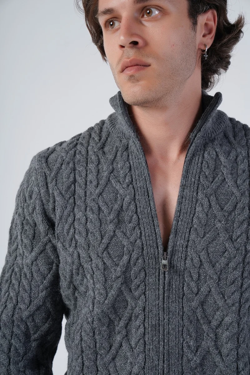 Trist Star Men's Anthracite Back Ribbed Stand Collar Zippered Knitted Wool Cardigan TRIST-5299