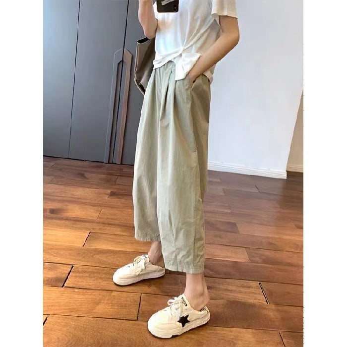 Thin Wide-leg Cropped Pants Womens Summer Casual Suit Straight-leg Trousers Small Japanese-style Slimming Work Pants Summer Day 869 light green