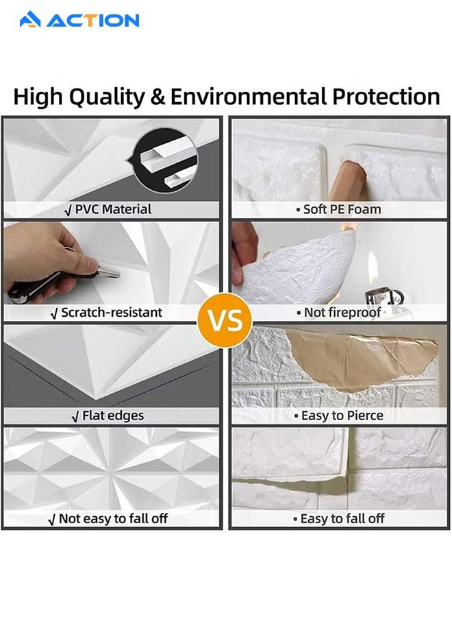 أكشن 12 قطعة لوحة حائط ثلاثية الأبعاد من مادة PVC ثلاثية الأبعاد بتصميم ماسي غطاء جدار مزخرف لغرفة المعيشة والردهة وغرفة النوم والمكتب مادة PVC بيضاء كل منها 30 × 30 سم - Image 3