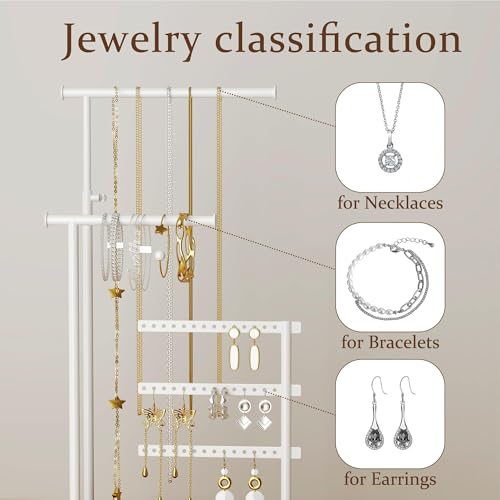 susswiff Jewelry Holder Organizer Stand - Adjustable Tall 17.5" (Max), Sturdy Jewelry Hanger for Necklaces, Earrings, Bracelets, Rings, Jewlery Display and Storage, White, Metal - Image 5