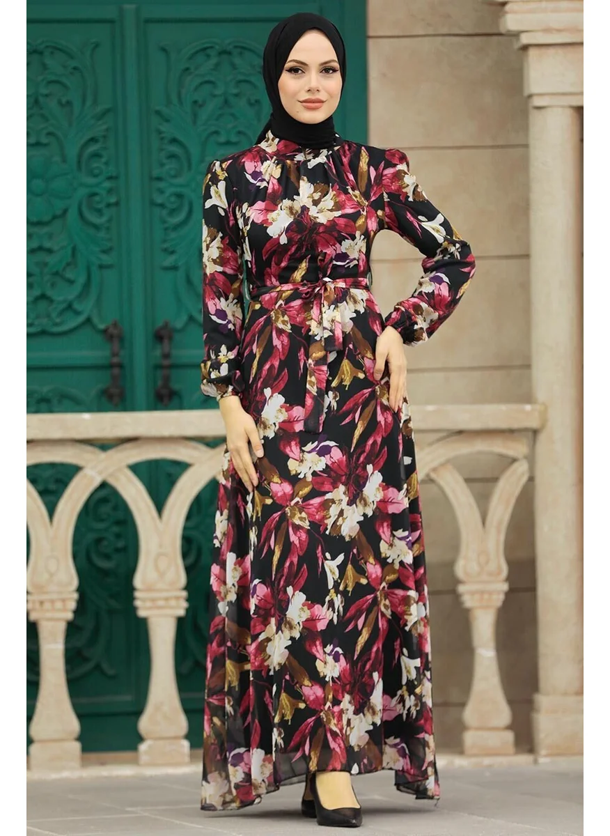 Neva Style - Floral Patterned Red Hijab Dress 27941K