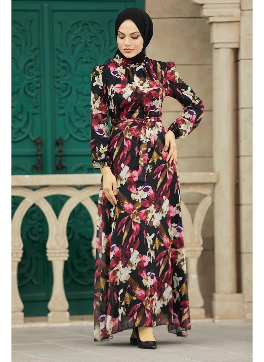 Neva Style - Floral Patterned Red Hijab Dress 27941K