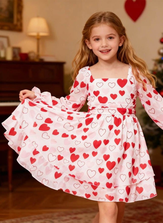 Haloumoning Girls Dresses Puff Long Sleeve Tiered Ruched Smocked Back Princess Party Dress 5-14Y, White Heart, 13-14 Years - Image 3
