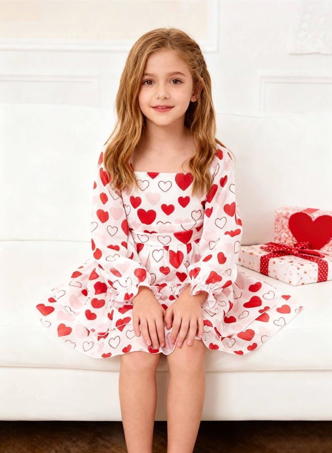 Haloumoning Girls Dresses Puff Long Sleeve Tiered Ruched Smocked Back Princess Party Dress 5-14Y, White Heart, 13-14 Years - Image 2