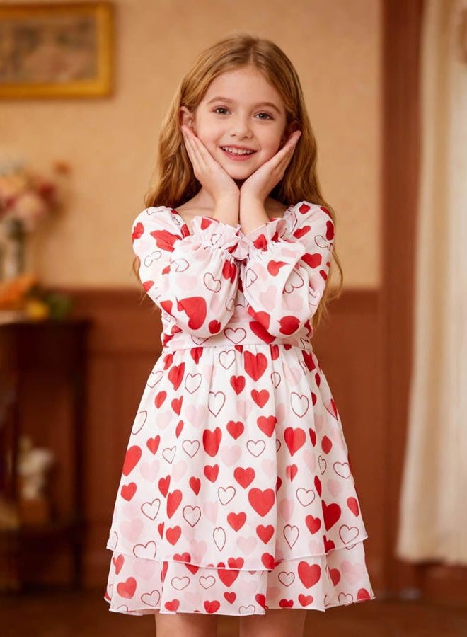 Haloumoning Girls Dresses Puff Long Sleeve Tiered Ruched Smocked Back Princess Party Dress 5-14Y, White Heart, 13-14 Years - Image 4