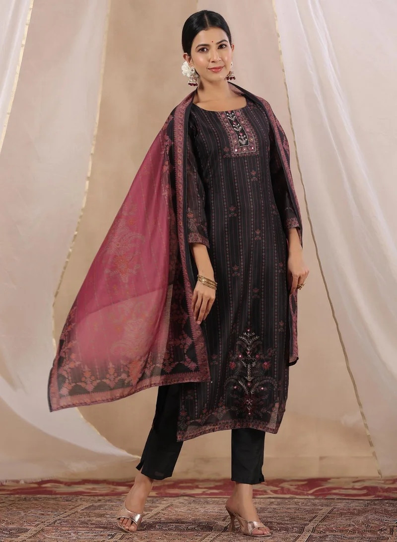 ISHIN  Black & Mauve Ethnic Motifs Printed Mirror Work Kurta With Trousers & Dupatta for Women | Best Price UAE