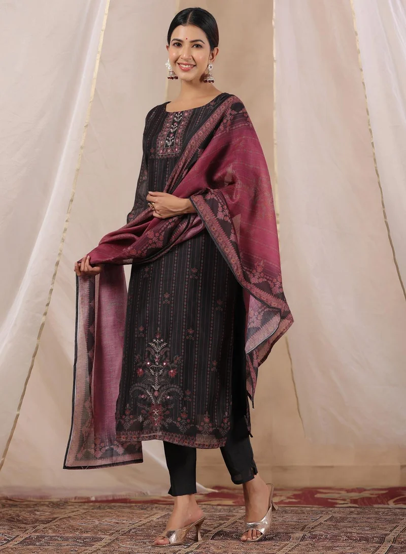 ISHIN  Black & Mauve Ethnic Motifs Printed Mirror Work Kurta With Trousers & Dupatta for Women | Best Price UAE