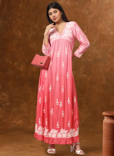 Alaya Hand Embroidered Chikankari A-Line Gathering Pattern Muslin Jalabiya-AL4002