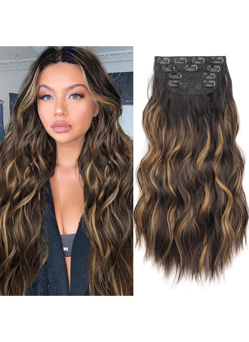 KooKaStyle KooKaStyle Clip in Synthetic Hair Extensions Long Wavy 4PCS BlackDark mix light brown Fiber Double Weft Natural Hair Extensions 20 Inch for Women 
