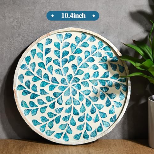 Chunful 104 Inch Mother of Pearl Round Serving Tray Wood Coffee Table Tray Home Decor for Tea Breakfast Kitchen CabinetTeal Floral Style - Image 3