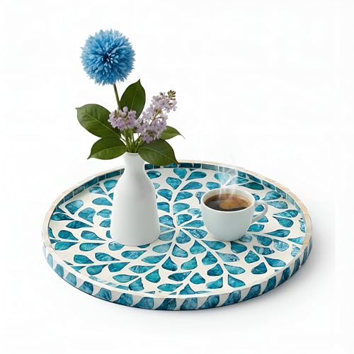 Chunful 104 Inch Mother of Pearl Round Serving Tray Wood Coffee Table Tray Home Decor for Tea Breakfast Kitchen CabinetTeal Floral Style - Image 1