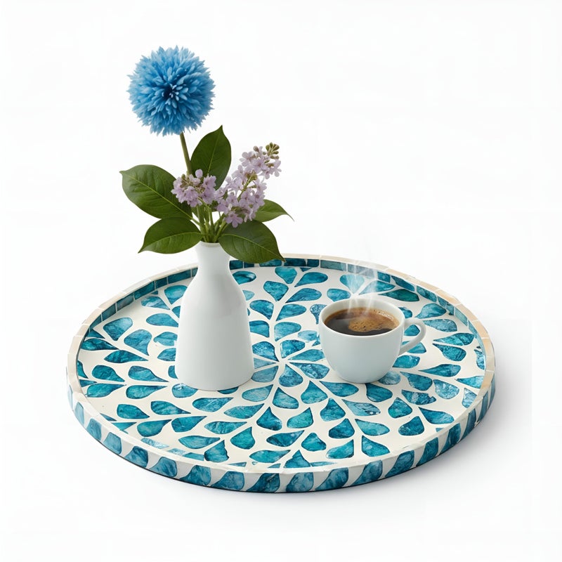 Chunful 104 Inch Mother of Pearl Round Serving Tray Wood Coffee Table Tray Home Decor for Tea Breakfast Kitchen CabinetTeal Floral Style - Image 2