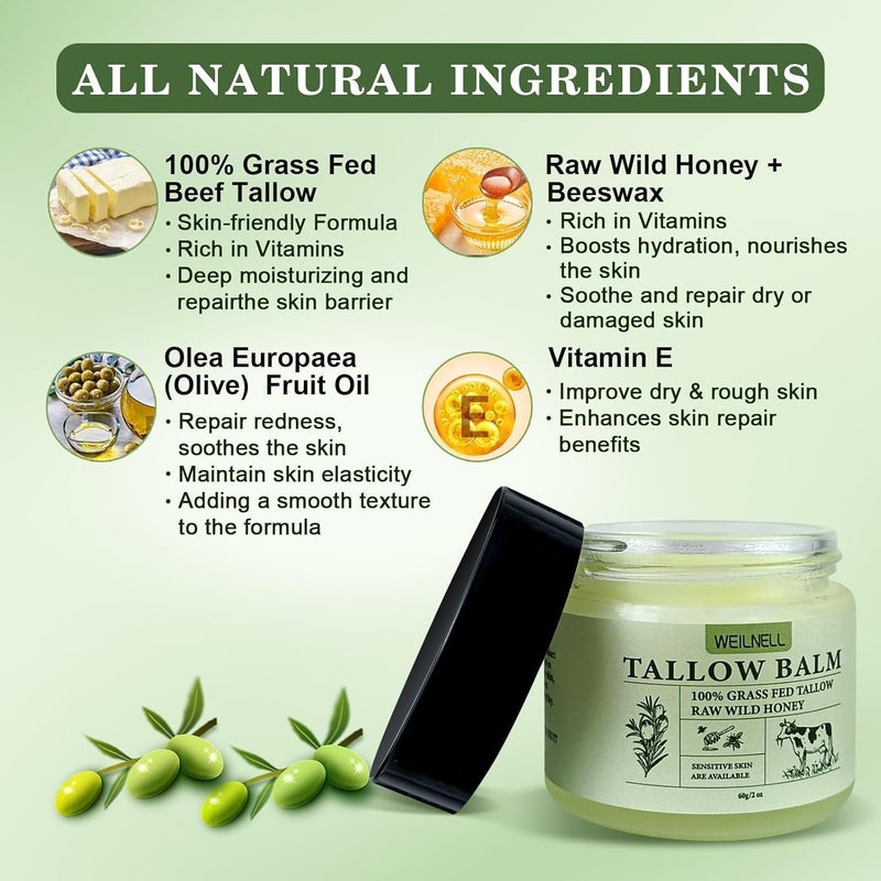 WEILNELL Beef Tallow and Honey Balm for Skin - All-Natural Moisturizer Hydrates and Nourishes the Skin, Grass-Fed Beef Tallow & Honey Balm Blend, Deeply Moisturizing for Face & Body Natural Skin Care - Image 2