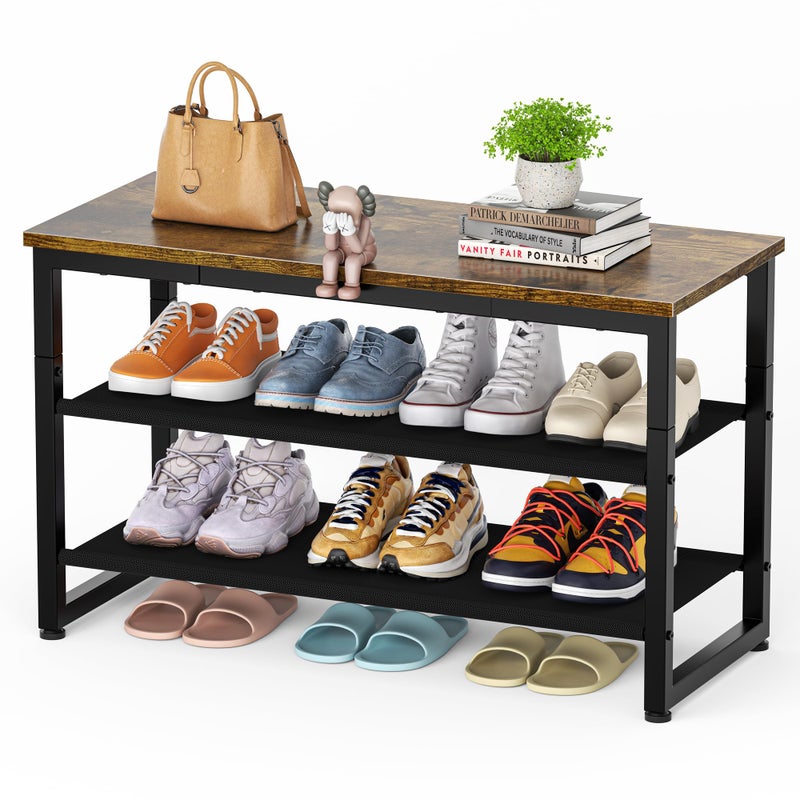 SIMPDIY Shoe Rack 3 Tier Shoe Bench with Wooden Shelf Shoe Storage Shoe Bench Storage with Seat for Entryway Living Room Hallway Bedroom Load Capacity 150 kg Rustic Brown