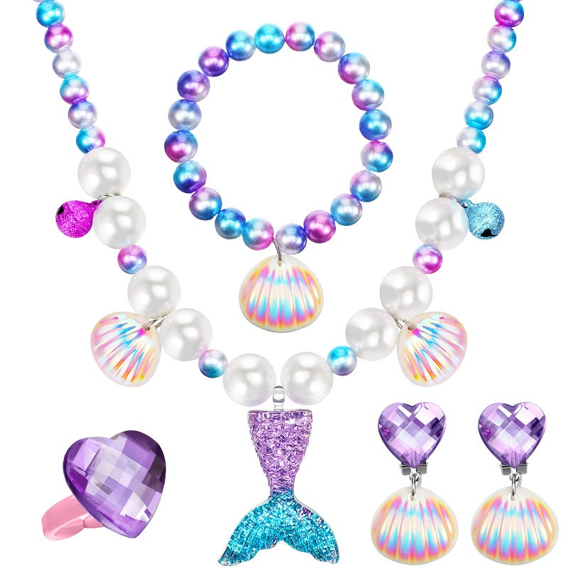 Jadive Mermaid Jewelry for Girls, Mermaid Necklace Bracelet for Kids Mermaid Accessories Shell Necklace Bracelet Ring Earrings Organza Bag Mermaid Party Costume Jewelry(Purple, Cute Style) - Image 1