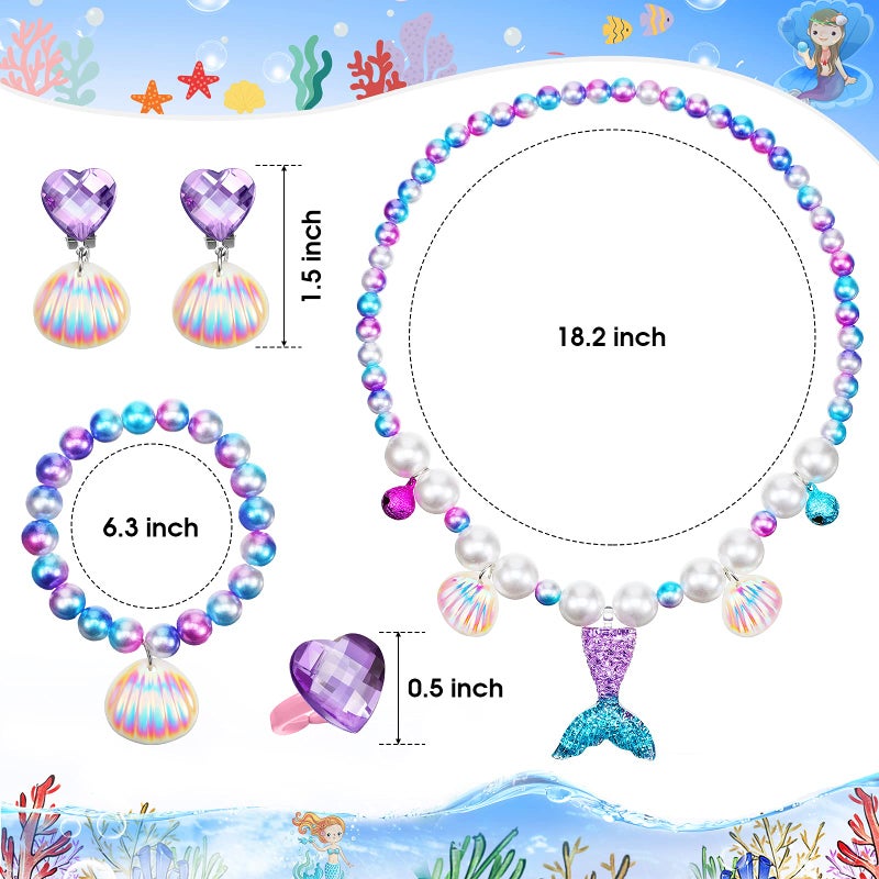 Jadive Mermaid Jewelry for Girls, Mermaid Necklace Bracelet for Kids Mermaid Accessories Shell Necklace Bracelet Ring Earrings Organza Bag Mermaid Party Costume Jewelry(Purple, Cute Style) - Image 2