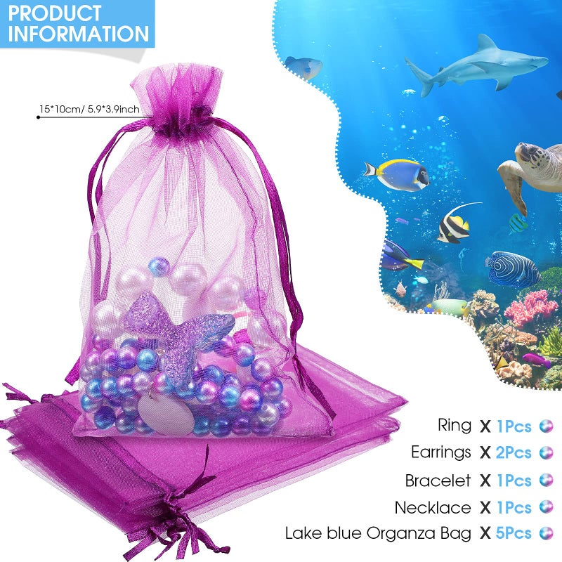 Jadive Mermaid Jewelry for Girls, Mermaid Necklace Bracelet for Kids Mermaid Accessories Shell Necklace Bracelet Ring Earrings Organza Bag Mermaid Party Costume Jewelry(Purple, Cute Style) - Image 5