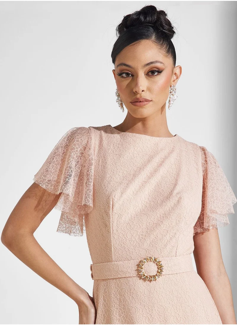 Amri Flared Sleeve Mesh Belted Dress