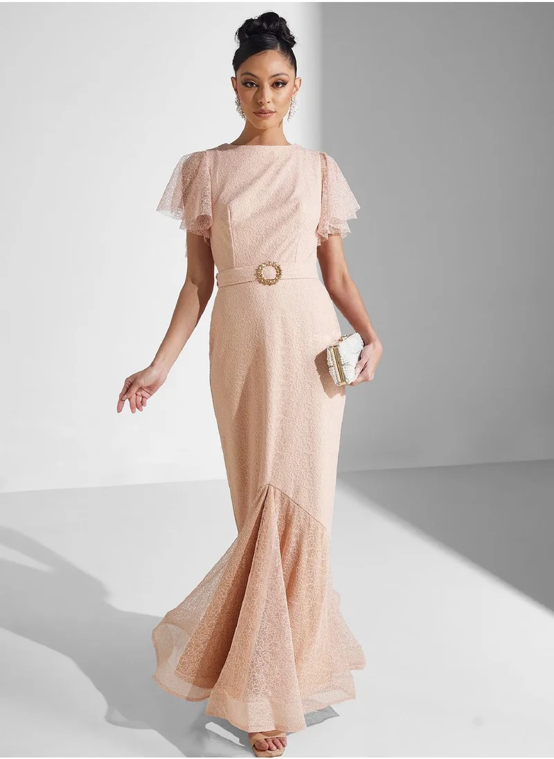 Amri Flared Sleeve Mesh Belted Dress