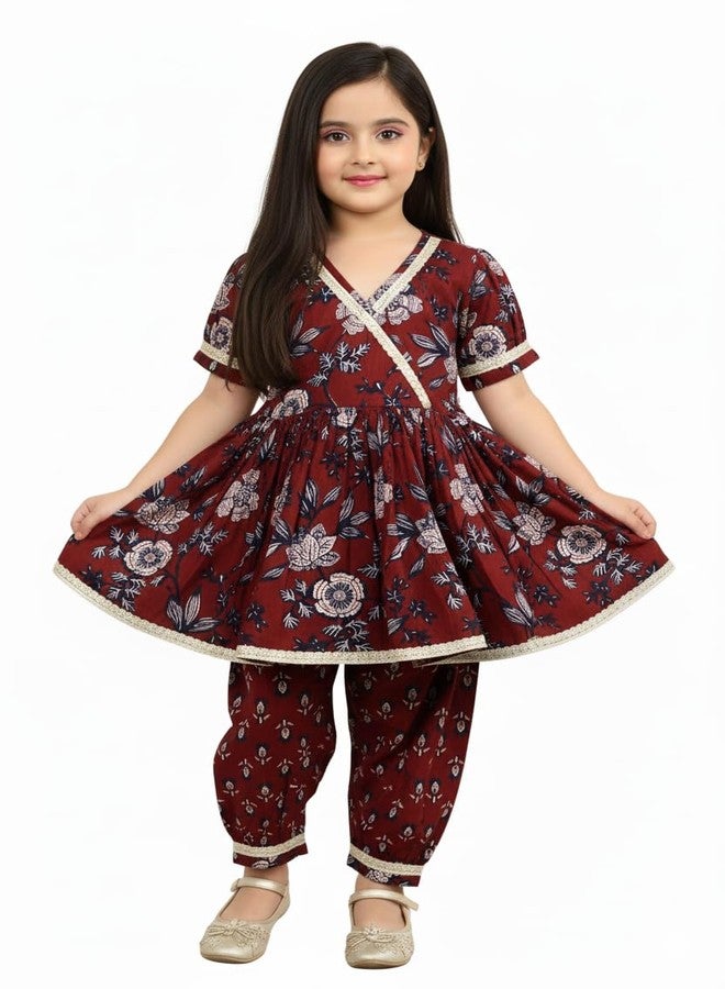 VeraA Cotton Anarkali Kurta Pant Set for Girls, Gotta Patti Lace Design Peplum Top with Afghan Pants & Peplum Top, Ethnic Wear for Diwali & Festivals, Indian Outfit, Dress for Kids - Image 1