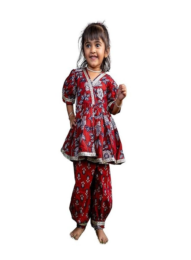 VeraA Cotton Anarkali Kurta Pant Set for Girls, Gotta Patti Lace Design Peplum Top with Afghan Pants & Peplum Top, Ethnic Wear for Diwali & Festivals, Indian Outfit, Dress for Kids - Image 3