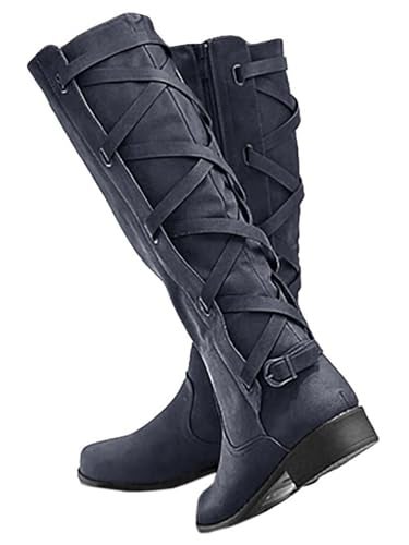 Syktkmx Womens Strappy Motorcycle Knee High Boots Winter Lace Up Riding Flat Low Heel Shoes Navy Size 8 - Image 1