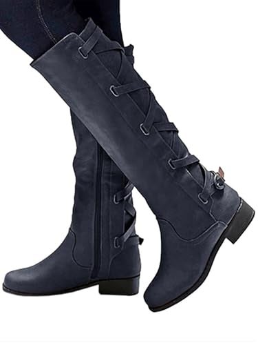 Syktkmx Womens Strappy Motorcycle Knee High Boots Winter Lace Up Riding Flat Low Heel Shoes Navy Size 8 - Image 3