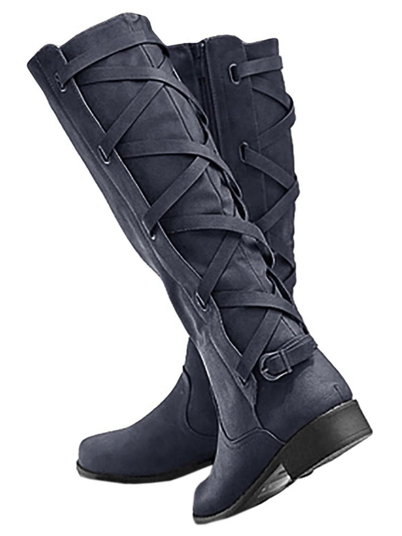 Syktkmx Womens Strappy Motorcycle Knee High Boots Winter Lace Up Riding Flat Low Heel Shoes Navy Size 8 - Image 2