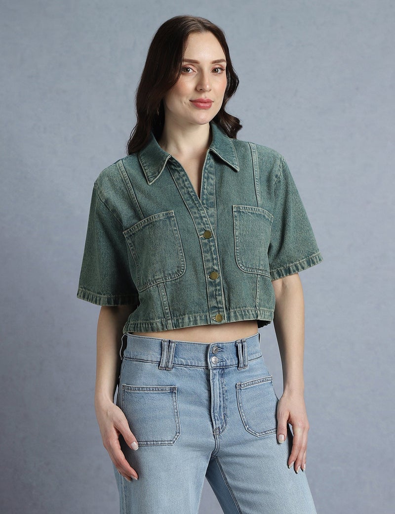 inkd WOMEN'S DENIM CROP TOP|MARINE BLUE|Women Apparel – Everyday Comfort Wear - Image 1