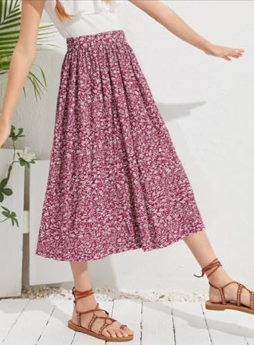 Seechoslo New 6-14 Years Girls Floral Maxi Skirt Boho Flowy A-Line Summer Midi Skirt with Elastic Waist (US, Age, 13 Years, 14 Years, Red) - Image 2