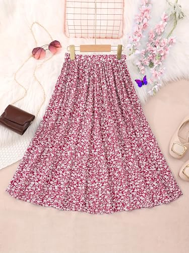 Seechoslo New 6-14 Years Girls Floral Maxi Skirt Boho Flowy A-Line Summer Midi Skirt with Elastic Waist (US, Age, 13 Years, 14 Years, Red) - Image 3
