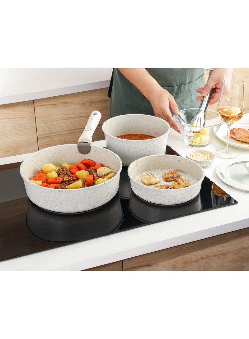 سنسارتي مجموعة أواني طهي سينسارتي غير لاصقة بمقابض قابلة للفصل، 14 قطعة من أواني الطهي الحثية القابلة للتكديس، مجموعات أواني طهي موفرة للمساحة مع مقبض قابل للإزالة باللون الأبيض - Image 3