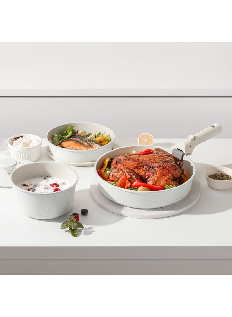 سنسارتي مجموعة أواني طهي سينسارتي غير لاصقة بمقابض قابلة للفصل، 14 قطعة من أواني الطهي الحثية القابلة للتكديس، مجموعات أواني طهي موفرة للمساحة مع مقبض قابل للإزالة باللون الأبيض - Image 2