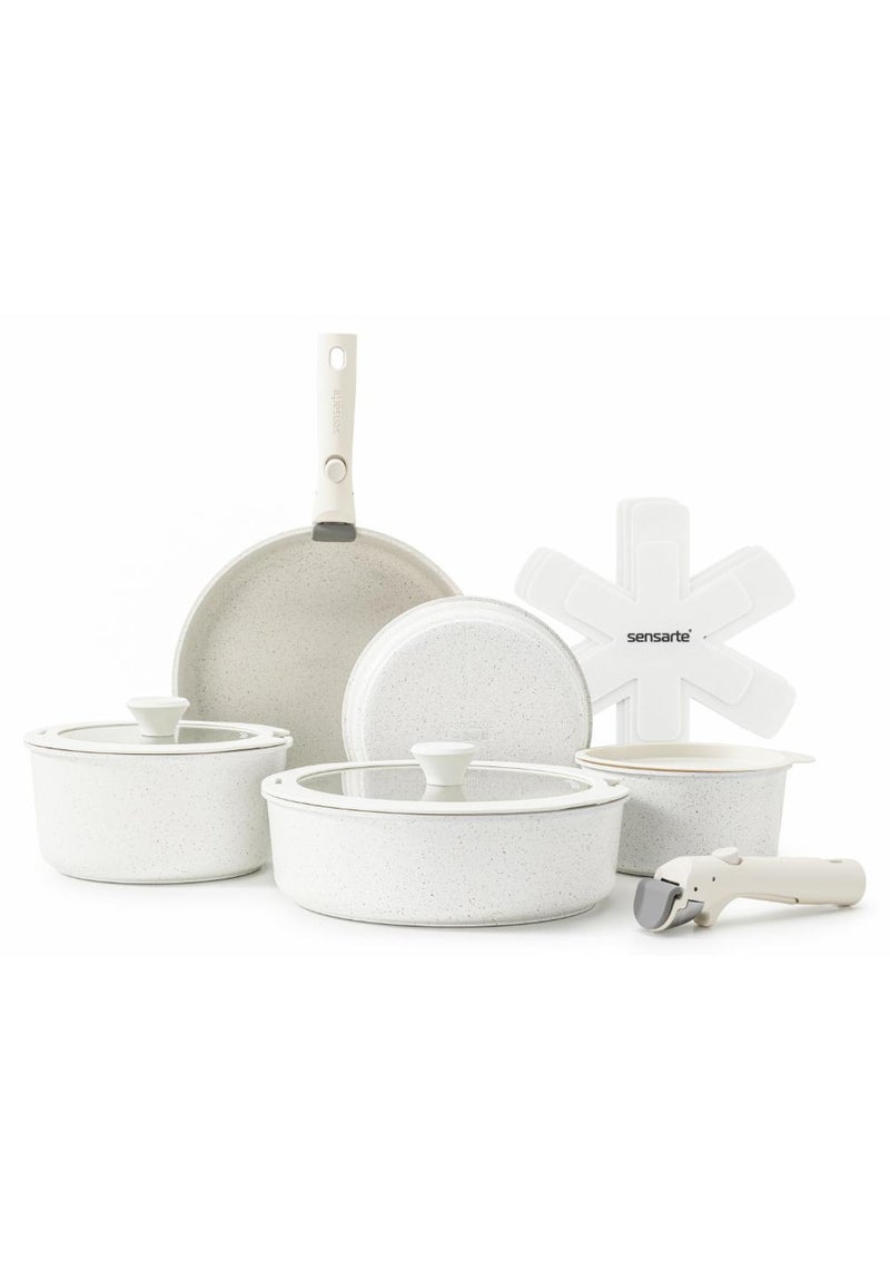 سنسارتي مجموعة أواني طهي سينسارتي غير لاصقة بمقابض قابلة للفصل، 14 قطعة من أواني الطهي الحثية القابلة للتكديس، مجموعات أواني طهي موفرة للمساحة مع مقبض قابل للإزالة باللون الأبيض - Image 1