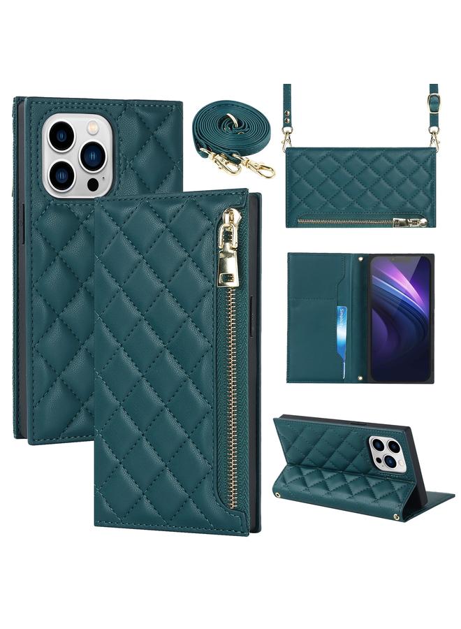 S-TOP Case For iPhone 14 Pro Grid Texture Lanyard Zipper Leather Phone Case - Image 1