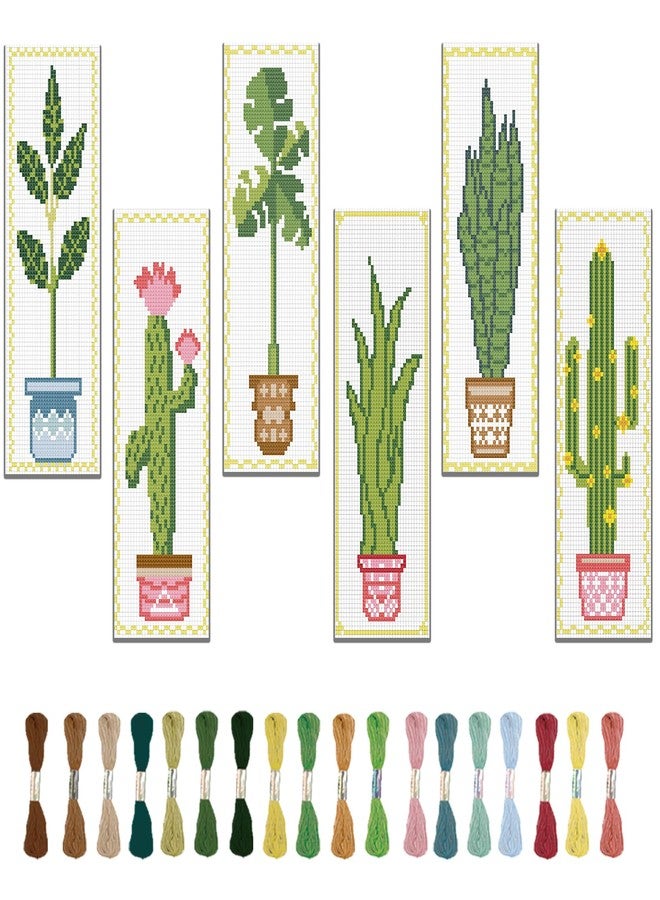 FREEBLOSS 6 Set Cross Stitch Bookmark Kit Green Plants Patterned Embroidery Bookmarks with Instruction Cross Stitch Kits for Adults 8''x2.4'' - Image 1